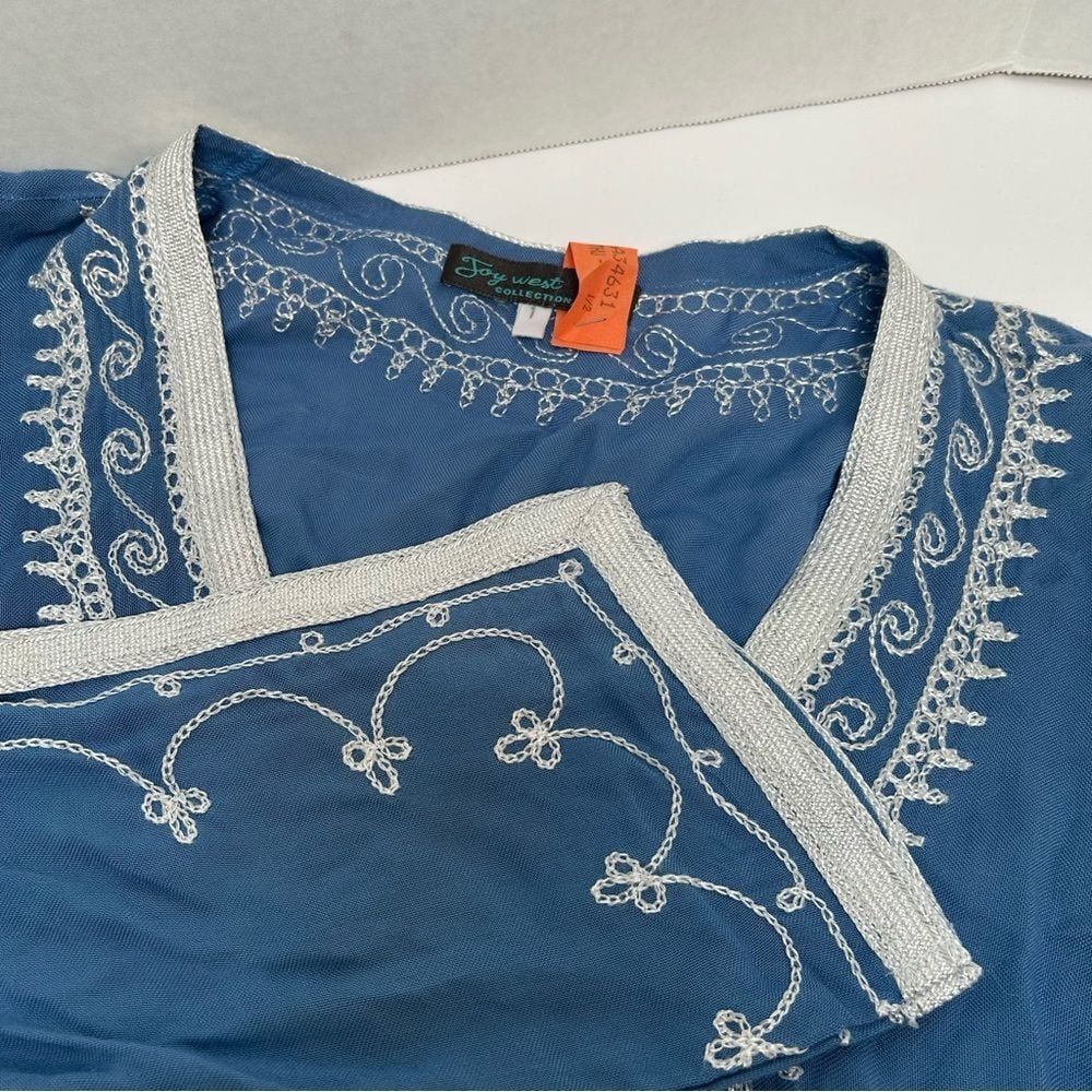 Joy West‎ Collection Blue Cotton Tunic Dress Cover-Up Silver Metallic Trim Small